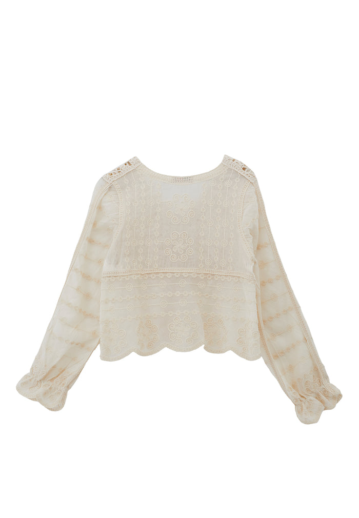 V Neck Long Sleeve Blouse - ALMOND MILK