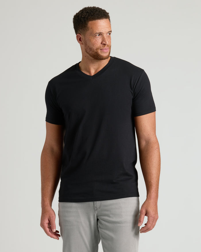 Wardrobe Classic Tall V-Neck T-shirt on model, highlighting tailored fit.