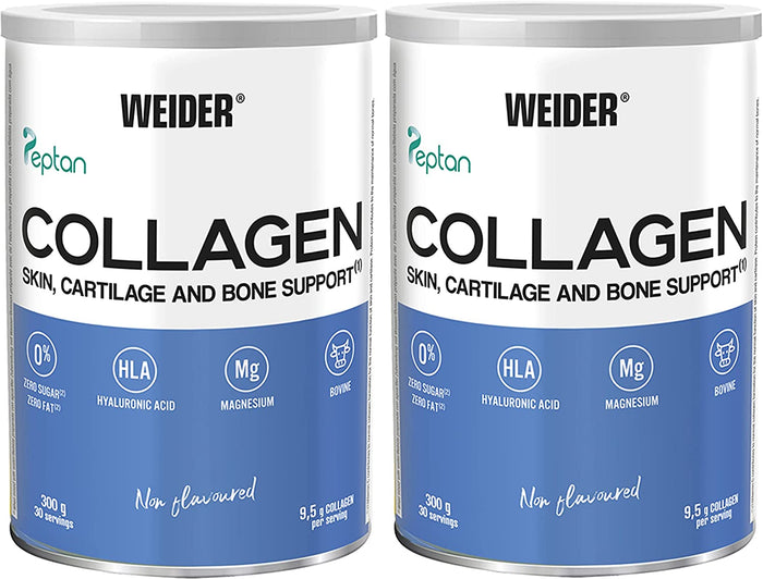 Weider Collagen Peptide Powder with Hyaluronic Acid in a 300g tin, shown with a scoop and supplement scoop inside.