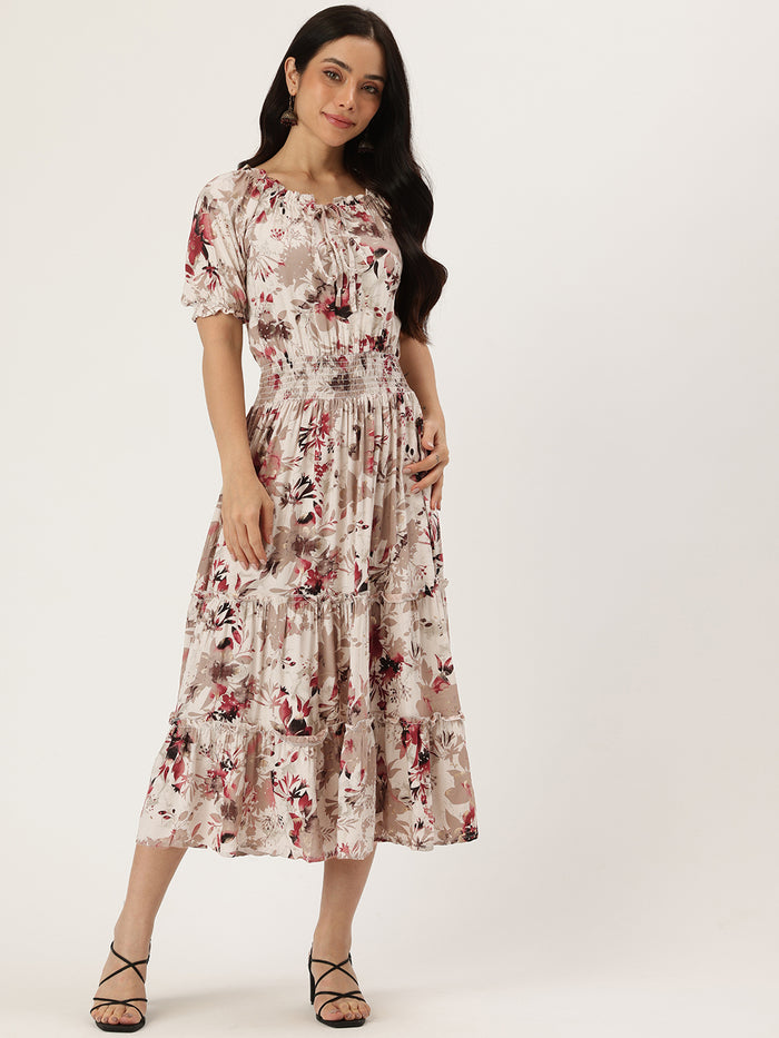 White Floral Print Off-Shoulder Puff Sleeve Fit & Flare Midi Dress, midi dress, dress, women’s western wear, party wear dress, casual wear dress