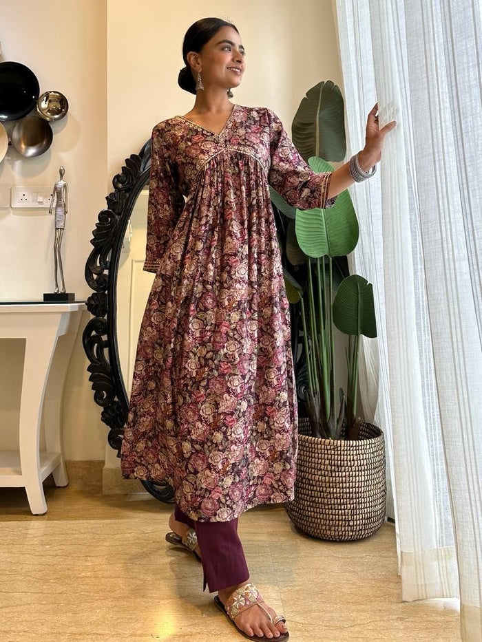 Wine Muslin Floral Alia Set