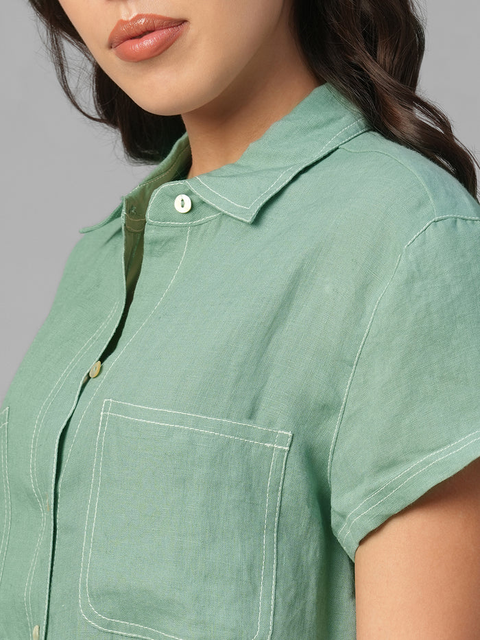 Women's Green 100% Linen Regular Fit Blouse