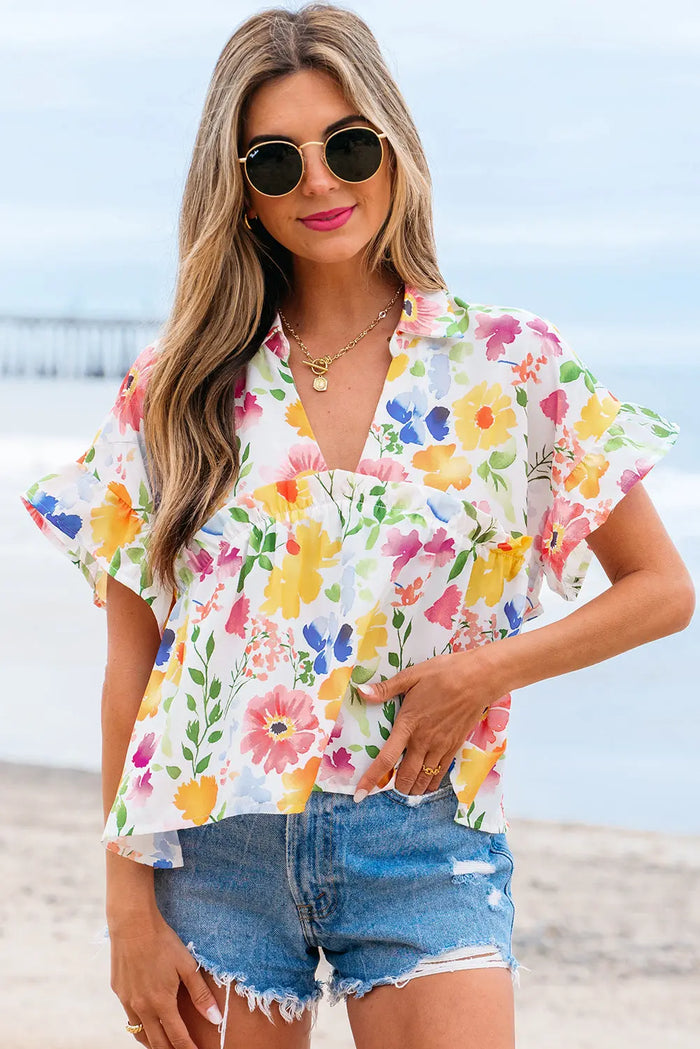 Yellow Floral Boxy Fit Ruffled Short Sleeve V Neck Blouse - Tops/Blouses & Shirts