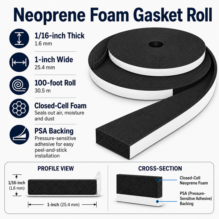 1/16in Thick x 1in Wide x 100ft Neoprene Foam Tape Self-Adhesive Gasket Roll