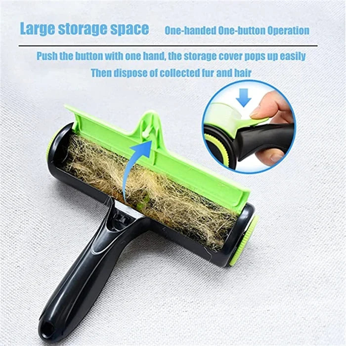 Close-up of pet hair roller collection chamber full of trapped pet fur