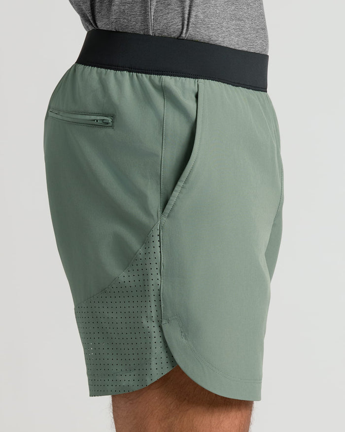 7 Juniper Active Training Shorts 2.0 with black waistband and zippered pocket.