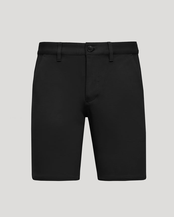 9 Black Chino Shorts 2.0 with button-zip fly, belt loops, and pockets.