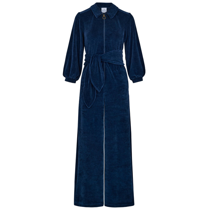 "Mitty" Wide Leg Jumpsuit - Stretch Cotton Velvet | Navy
