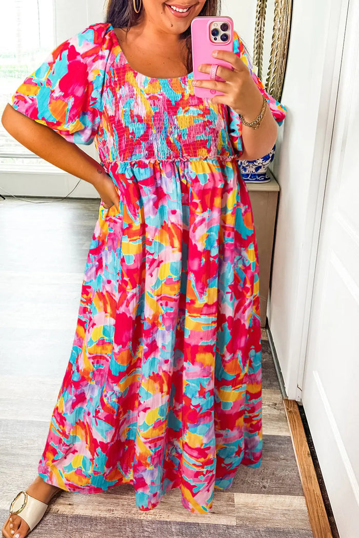 Abstract Print Puff Sleeve Square Neck Smocked Bust Tied Back Dress - Rose / 1X / 100% Polyester - Plus Size/Plus Size