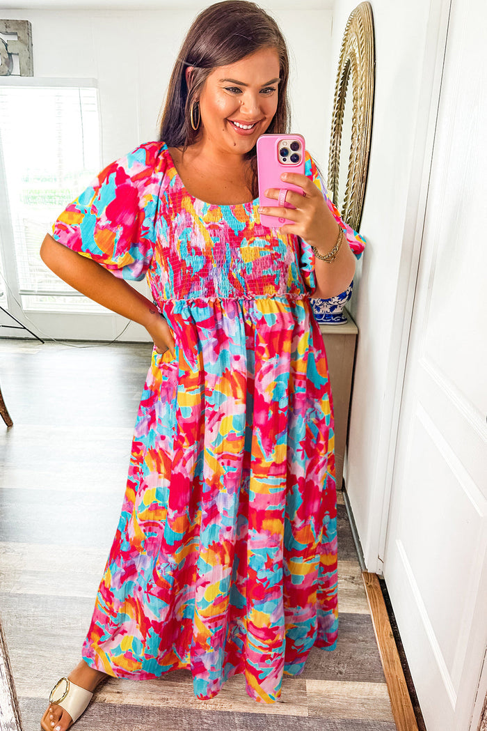 Abstract Print Puff Sleeve Square Neck Smocked Bust Tied Back Dress - Plus Size/Plus Size Dresses/Plus Maxi Dresses