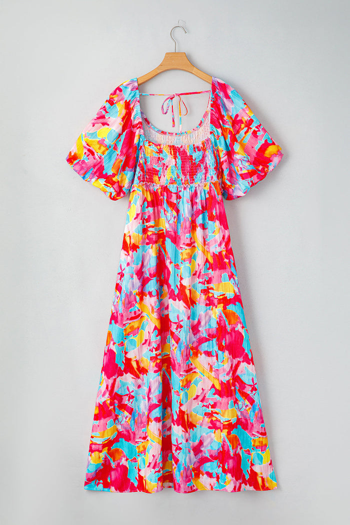 Abstract Print Puff Sleeve Square Neck Smocked Bust Tied Back Dress - Plus Size/Plus Size Dresses/Plus Maxi Dresses