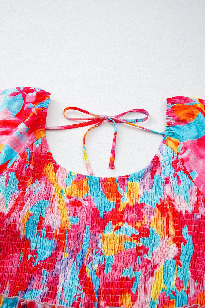 Abstract Print Puff Sleeve Square Neck Smocked Bust Tied Back Dress - Plus Size/Plus Size Dresses/Plus Maxi Dresses