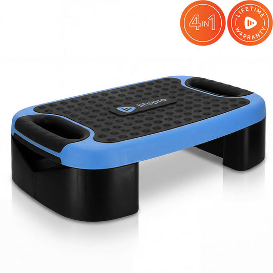 Blue and black AeroFlex 4-in-1 step platform with side handles and a non-slip top, shown on white with 4-in-1 and Lifetime Warranty badges.