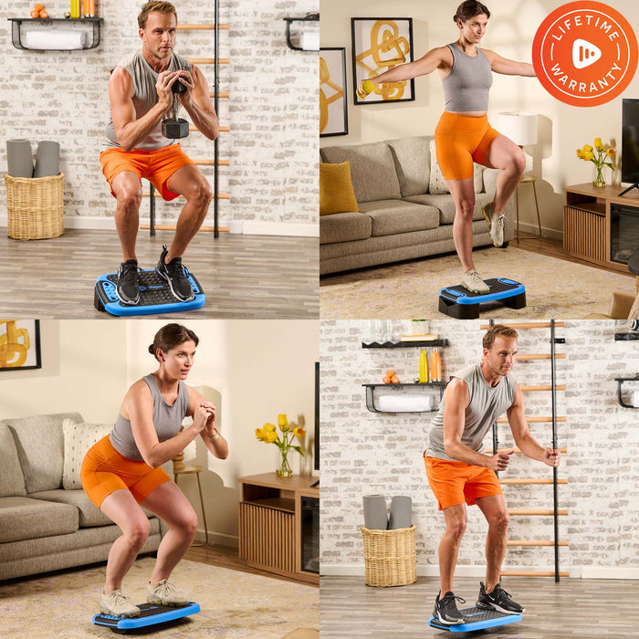 Four photos of people using the blue AeroFlex platform: a man squatting with a dumbbell, a woman doing a knee raise, a woman squatting, and a man raising a light dumbbell, each in a living room.