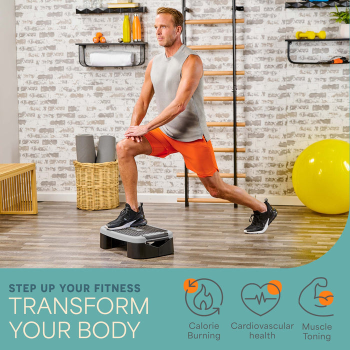 Infographic titled Step Up Your Fitness: Transform Your Body, showing a man in a lunge with one foot on the platform, with icons for calorie burning, cardiovascular health, and muscle toning.