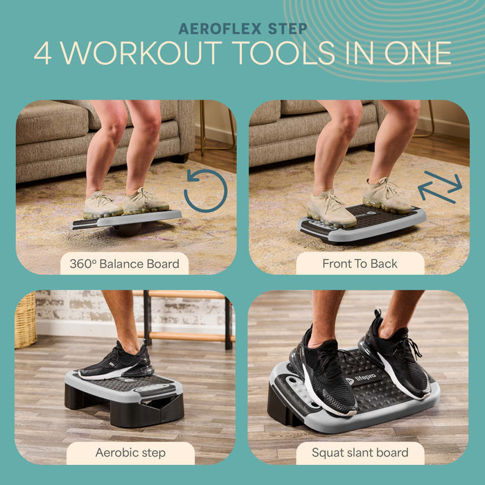 Infographic titled Aeroflex Step: 4 Workout Tools in One, with close-ups labeled 360-degree balance board, front-to-back tilt, aerobic step, and squat slant board.