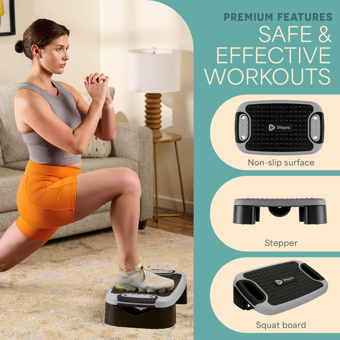 Infographic titled Premium Features: Safe & Effective Workouts, highlighting the non-slip surface, stepper, and squat board modes next to a woman lunging on the platform.