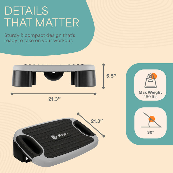 Infographic titled Details That Matter, listing the platform's 21.3 x 21.3 x 5.5 inch size, 260 lb max weight, and 30-degree incline angle.