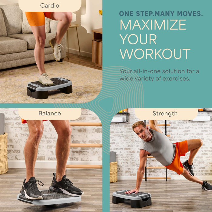 Collage titled One Step, Many Moves: Maximize Your Workout, showing cardio, balance, and strength exercises performed on the grey platform.