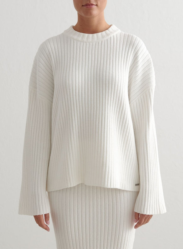 Almond White Rib Knit Sweater