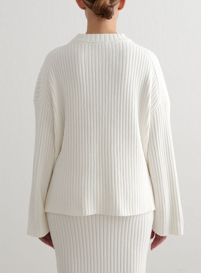 Almond White Rib Knit Sweater