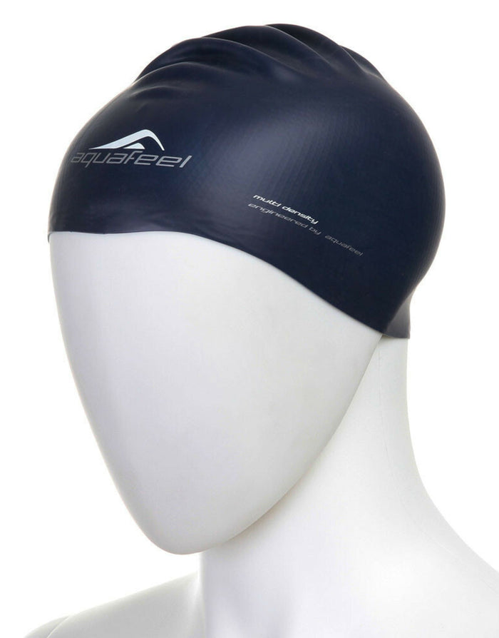 Navy blue Aquafeel Bullitt silicone adult swim cap with white logo