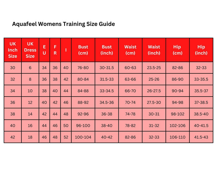 Aquafeel classic open back ladies swimsuit size guide chart
