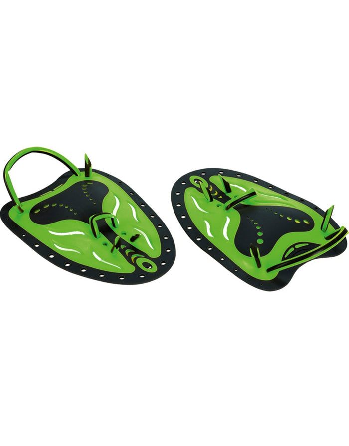Aquafeel ergonomic hand paddles with green black swim fin adjustable elastic straps