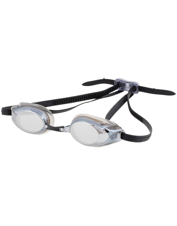 Aquafeel Glide Mirrored swim goggles with silver black frame, clear lenses, patented quick fit