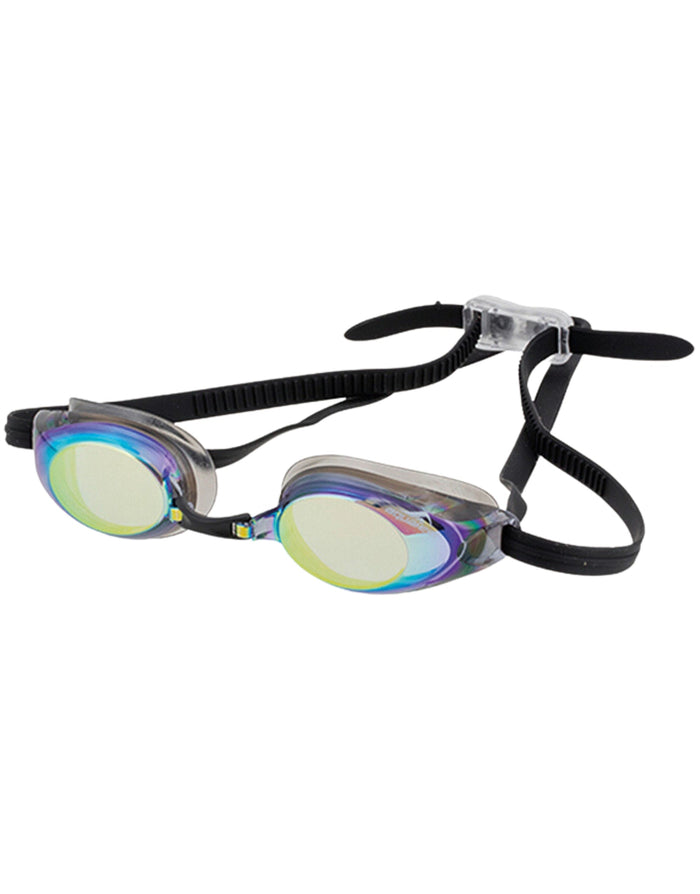 Aquafeel Glide Mirrored swim goggles with iridescent blue silver lenses and patented quick fit strap