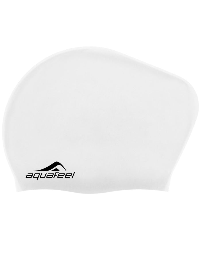 White Aquafeel long hair adult swim cap with logo