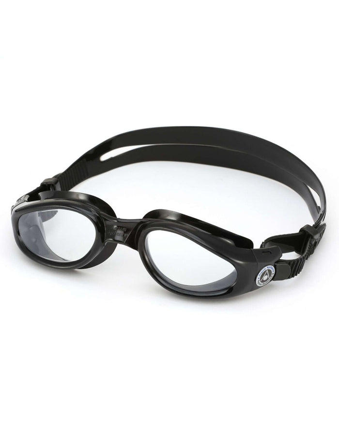 Aquasphere Kaiman goggles with black frame, clear lens, adjustable strap for panoramic vision