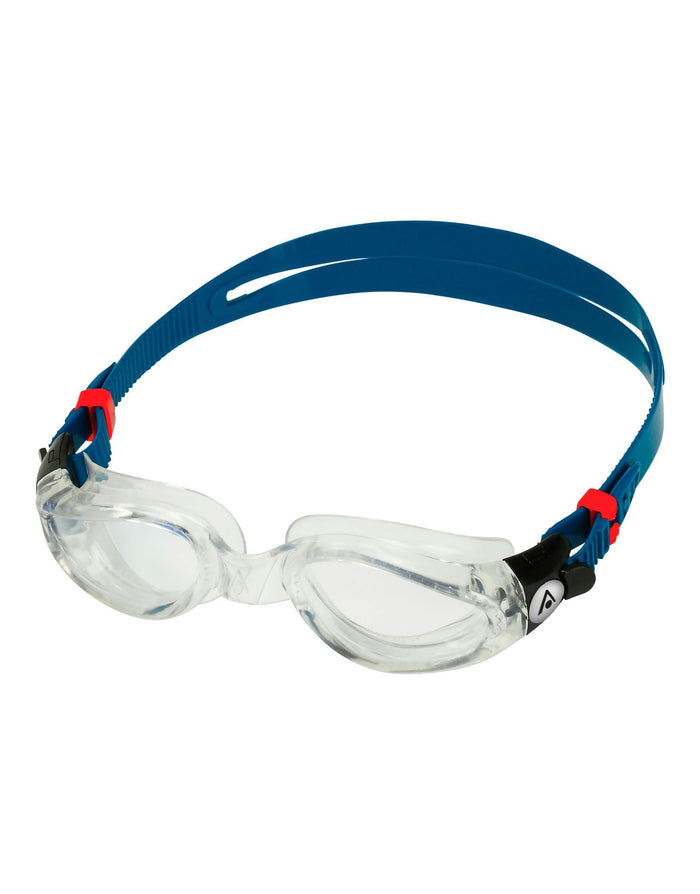 Aquasphere Kaiman goggles with blue strap, red accents, clear lens for panoramic vision