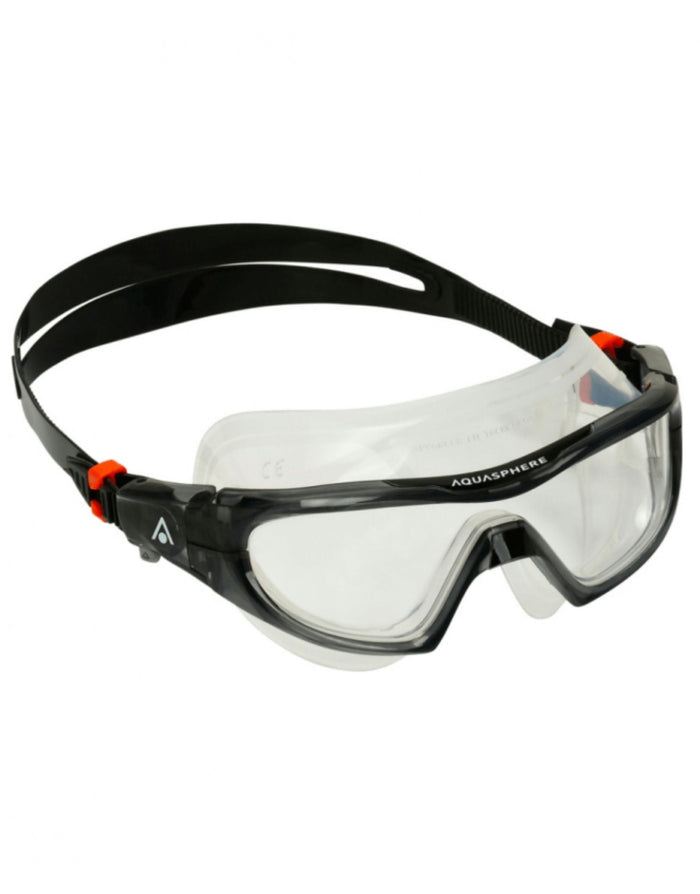 Aquasphere Vista Pro mask with black frame, clear lenses and adjustable strap