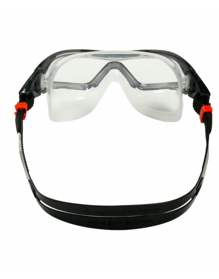 Aquasphere Vista Pro Mask with clear safety goggles in black frames and orange accents