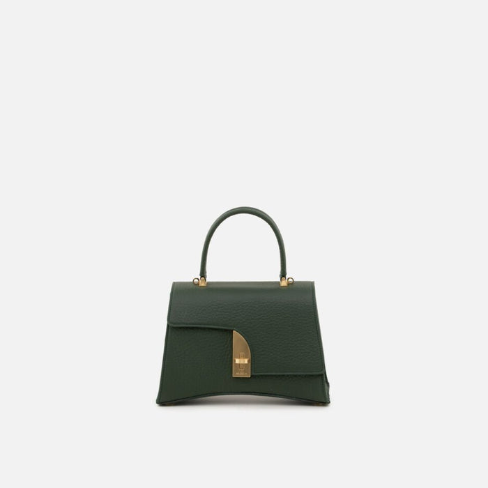 Forest green pebbled calf leather handbag with top handle and gold hardware