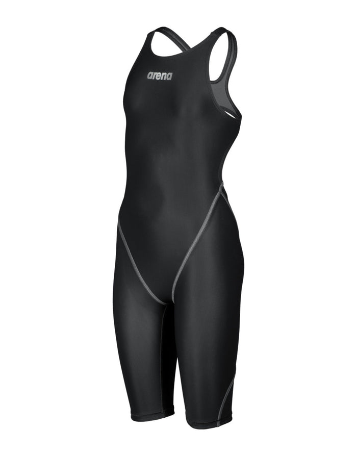 Black Arena Girls Powerskin ST NEXT open back swimsuit with silver accents