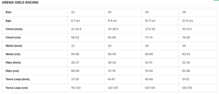 Arena girls Powerskin ST NEXT size chart for youth 22-28, black open back