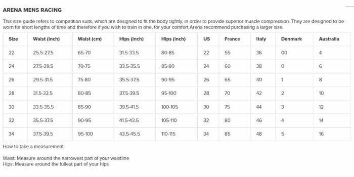 Arena Powerskin ST Next Jammer Black mens racing size chart with mild compression