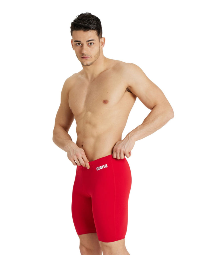 Red Arena team solid swim jammer shorts with white logo