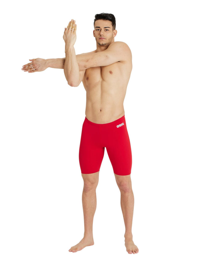 Red Arena Team Solid Swim Jammer with textured pattern and logo