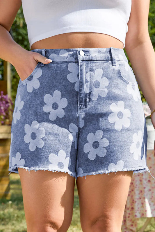 Ashleigh Blue Floral Pattern High Waist Raw Hem Plus Size Denim Shorts - 1X / 72% Cotton + 26% Polyester + 2% Elastane