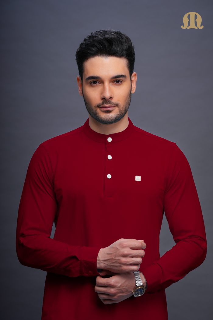 Asticus Knitted Short Kurta Payjama Set Maroon Men