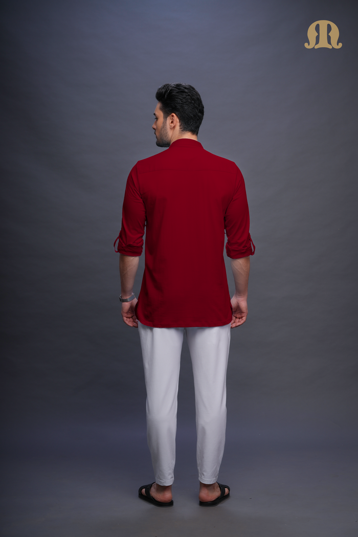 Asticus Knitted Short Kurta Payjama Set Maroon Men