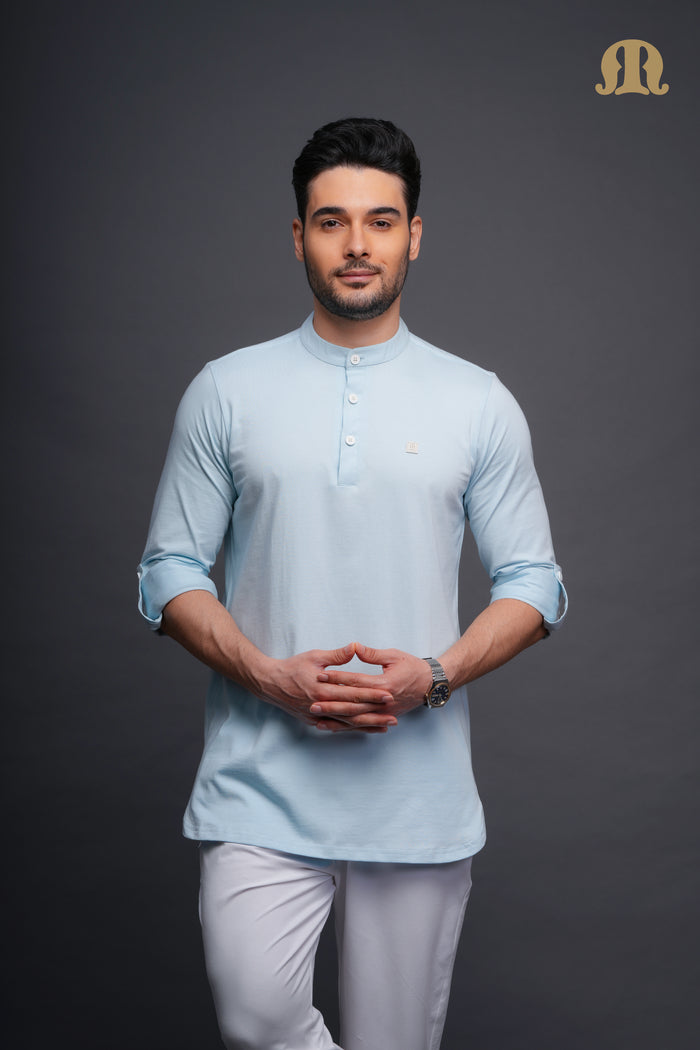Asticus Knitted Short Kurta Payjama Set Sky Blue Men