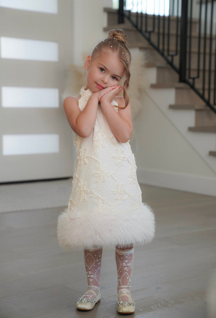 Ava Ivory Flower Faux Fur Dress - Petite Maison Kids