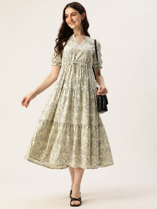 A woman modeling a beige and black floral printed fit & flare midi dress with a square neckline and short sleeves. Beige & Black Floral Printed Waist Tie-Up Fit & Flare Midi Dress, midi dress, dress, women’s western wear, party wear dress, casual wear dress
