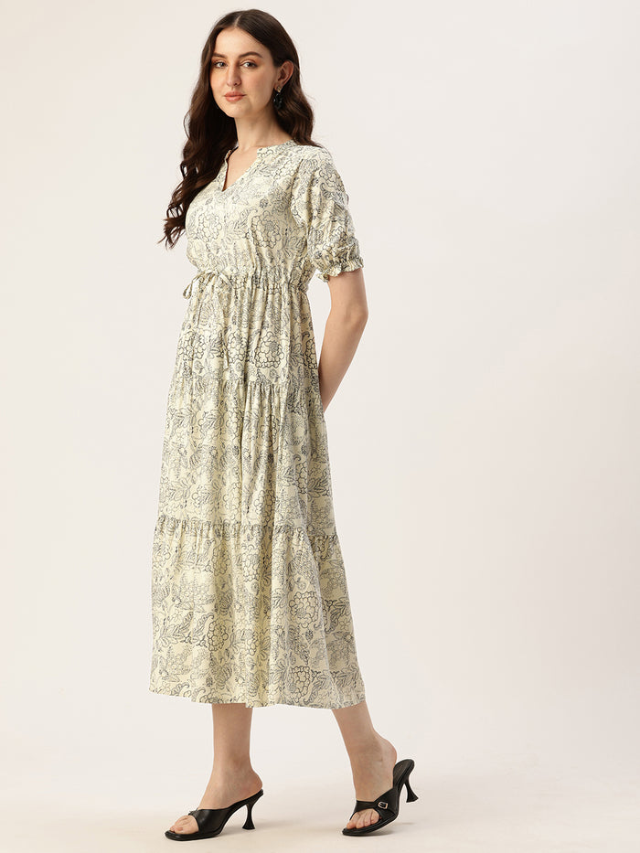 A woman modeling a beige and black floral printed fit & flare midi dress with a square neckline and short sleeves. Beige & Black Floral Printed Waist Tie-Up Fit & Flare Midi Dress, midi dress, dress, women’s western wear, party wear dress, casual wear dress