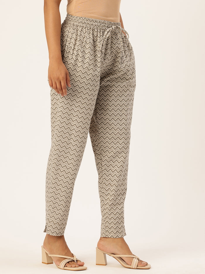 Beige & Grey Zigzag Printed Pencil Pant, Zigzag Printed Pencil Pant, Pencil Pant, Printed Pencil Pant