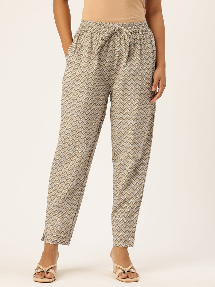 Beige & Grey Zigzag Printed Pencil Pant, Zigzag Printed Pencil Pant, Pencil Pant, Printed Pencil Pant
